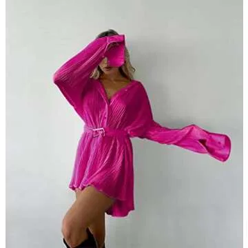 Argeousgor Women Long Sleeve V Neck Short Dresses Button Down Mini Blouse Dress Solid Elegant Shirts Dress Party Clubwear