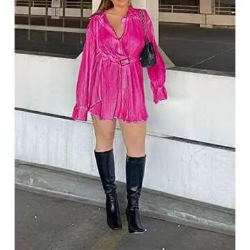 Argeousgor Women Long Sleeve V Neck Short Dresses Button Down Mini Blouse Dress Solid Elegant Shirts Dress Party Clubwear