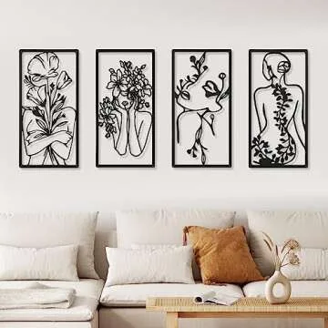 4 Pcs Metal Wall Art Decor Minimalist Abstract Woman Wall Art Line Drawing metal line art Home Hanging Art Decor for Bedroom Kitchen Bathroom Living Room(Fresh,Black)