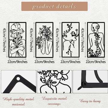 4 Pcs Metal Wall Art Decor Minimalist Abstract Woman Wall Art Line Drawing metal line art Home Hanging Art Decor for Bedroom Kitchen Bathroom Living Room(Fresh,Black)