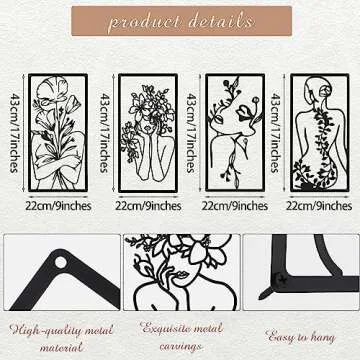 4 Pcs Metal Wall Art Decor Minimalist Abstract Woman Wall Art Line Drawing metal line art Home Hanging Art Decor for Bedroom Kitchen Bathroom Living Room(Fresh,Black)