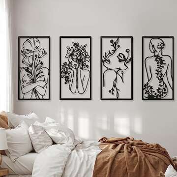 4 Pcs Metal Wall Art Decor Minimalist Abstract Woman Wall Art Line Drawing metal line art Home Hanging Art Decor for Bedroom Kitchen Bathroom Living Room(Fresh,Black)