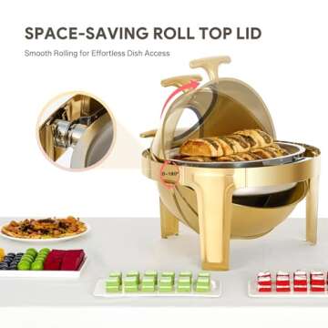 WILPREP Roll Top Chafing Dish Buffet Set, 6.3 qt Round Chafing Dish for Buffet with Glass Window Full Size Food Pan, Stainless Steel Food Warmer Chafer for Catering Parties Banquets, Gold