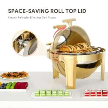 WILPREP Roll Top Chafing Dish Buffet Set, 6.3 qt Round Chafing Dish for Buffet with Glass Window Full Size Food Pan, Stainless Steel Food Warmer Chafer for Catering Parties Banquets, Gold
