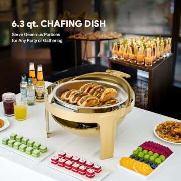 WILPREP Roll Top Chafing Dish Buffet Set, 6.3 qt Round Chafing Dish for Buffet with Glass Window Full Size Food Pan, Stainless Steel Food Warmer Chafer for Catering Parties Banquets, Gold