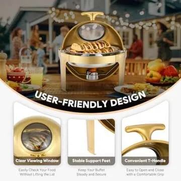 WILPREP Roll Top Chafing Dish Buffet Set, 6.3 qt Round Chafing Dish for Buffet with Glass Window Full Size Food Pan, Stainless Steel Food Warmer Chafer for Catering Parties Banquets, Gold
