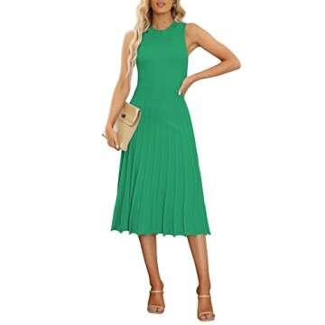 Pink Queen Women's Summer Bodycon Knit Dress Crew Neck Tank Pleated Swing Formal Work Maxi Dresses Green M