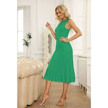 Pink Queen Women's Summer Bodycon Knit Dress Crew Neck Tank Pleated Swing Formal Work Maxi Dresses Green M