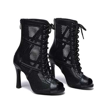 DKZSYIM Open Toe Dance Boots Women Latin Salsa Ballroom Lace-up Dance Shoes,K99-Black,3 3/4 inch,Rub...