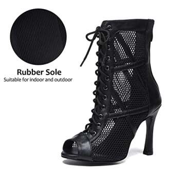 DKZSYIM Open Toe Dance Boots Women Latin Salsa Ballroom Lace-up Dance Shoes,K99-Black,3 3/4 inch,Rubber,US 9.5