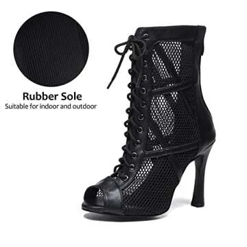 DKZSYIM Open Toe Dance Boots Women Latin Salsa Ballroom Lace-up Dance Shoes,K99-Black,3 3/4 inch,Rubber,US 9.5