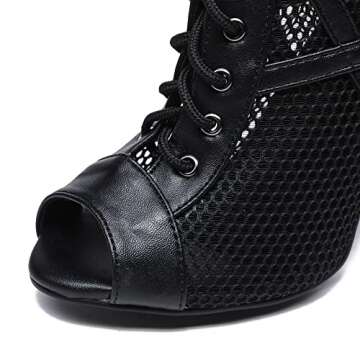 DKZSYIM Open Toe Dance Boots Women Latin Salsa Ballroom Lace-up Dance Shoes,K99-Black,3 3/4 inch,Rubber,US 9.5
