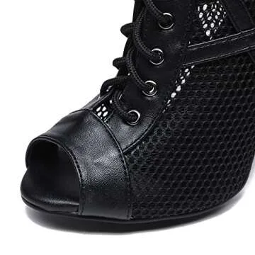 DKZSYIM Open Toe Dance Boots Women Latin Salsa Ballroom Lace-up Dance Shoes,K99-Black,3 3/4 inch,Rubber,US 9.5