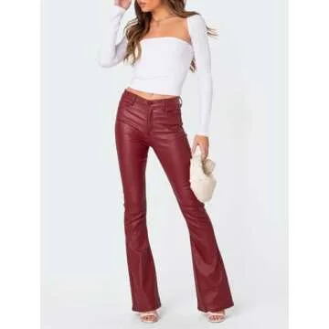 Kodaruber Women Faux Leather Flare Pants High Waisted