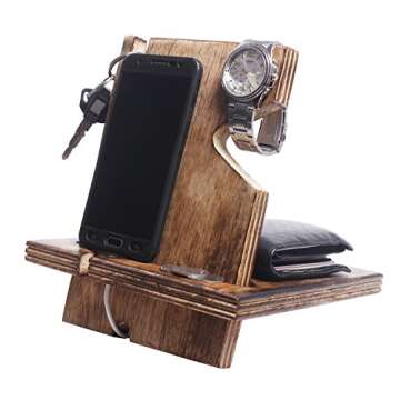 Gifts Ideas Handmade Burning Wooden Phone Docking Station Desk Organizer for Smartphone with Key Holder, Wallet Stand and Watch Organizer Men's Gift Android iPhone