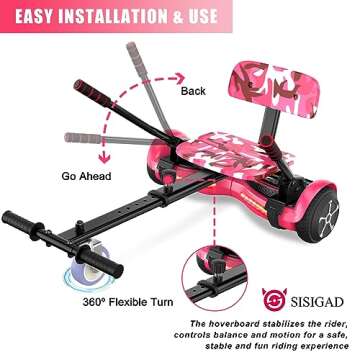 SISIGAD Hoverboard with Seat Attachment Combo, 6.5" Two-Wheel Hoverboards with Bluetooth Speaker and Colorful Lights, Self Balancing Scooter for Kids Gift (Include Go-Kart)-CarbonPink+camo