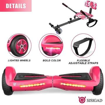 SISIGAD Hoverboard with Seat Attachment Combo, 6.5" Two-Wheel Hoverboards with Bluetooth Speaker and Colorful Lights, Self Balancing Scooter for Kids Gift (Include Go-Kart)-CarbonPink+camo