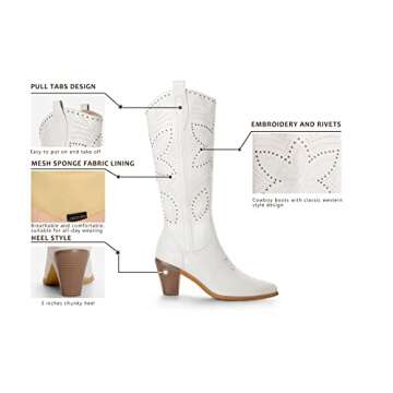 ANN CREEK Cowboy Knee High Boots for Women White Cowgirl Boots Extra Wide Calf Western Boots Mid Cal...