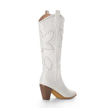 ANN CREEK Cowboy Knee High Boots for Women White Cowgirl Boots Extra Wide Calf Western Boots Mid Calf Pointed Toe Chunky Heel Dress Fall Tall Boots Lady Wedding Hornsby Girl Boots Off White Size 7.5