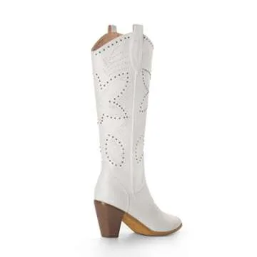 ANN CREEK Cowboy Knee High Boots for Women White Cowgirl Boots Extra Wide Calf Western Boots Mid Calf Pointed Toe Chunky Heel Dress Fall Tall Boots Lady Wedding Hornsby Girl Boots Off White Size 7.5