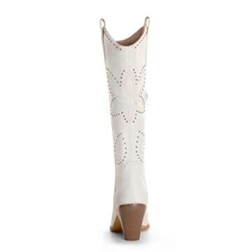 ANN CREEK Cowboy Knee High Boots for Women White Cowgirl Boots Extra Wide Calf Western Boots Mid Calf Pointed Toe Chunky Heel Dress Fall Tall Boots Lady Wedding Hornsby Girl Boots Off White Size 7.5
