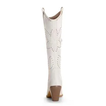 ANN CREEK Cowboy Knee High Boots for Women White Cowgirl Boots Extra Wide Calf Western Boots Mid Calf Pointed Toe Chunky Heel Dress Fall Tall Boots Lady Wedding Hornsby Girl Boots Off White Size 7.5