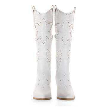 ANN CREEK Cowboy Knee High Boots for Women White Cowgirl Boots Extra Wide Calf Western Boots Mid Calf Pointed Toe Chunky Heel Dress Fall Tall Boots Lady Wedding Hornsby Girl Boots Off White Size 7.5
