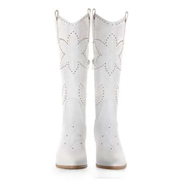 ANN CREEK Cowboy Knee High Boots for Women White Cowgirl Boots Extra Wide Calf Western Boots Mid Calf Pointed Toe Chunky Heel Dress Fall Tall Boots Lady Wedding Hornsby Girl Boots Off White Size 7.5