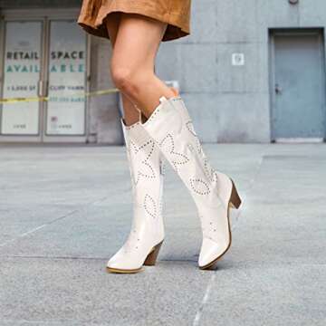 ANN CREEK Cowboy Knee High Boots for Women White Cowgirl Boots Extra Wide Calf Western Boots Mid Calf Pointed Toe Chunky Heel Dress Fall Tall Boots Lady Wedding Hornsby Girl Boots Off White Size 7.5