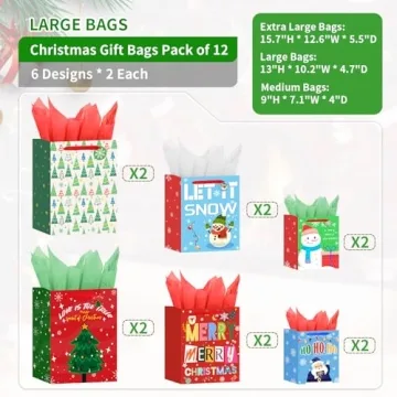Souloduce 12 Pack Christmas Gift Bags - Vibrant & Sturdy Set