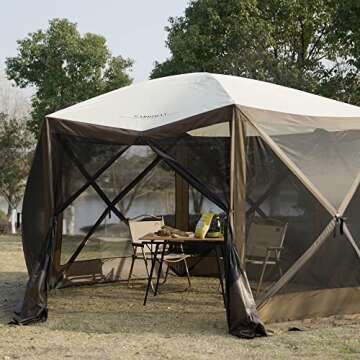Gardimax Pop Up Gazebo Screen House Tent for Camping, 12'x12' 6 Sided Instant Canopy Shelter Gazebo Screen House 8-10 Person, for Backyard, Camping and Outdoor, Coffee