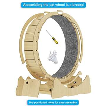 Cat Wheel Exerciser for Indoor Cats with Lock Pin. Large Diameter Cat Exercise Wheel Made of Natural Solid Wood. Inside Diameter 40in/100cm. Including Installation Tools and Cat Toy. (Natural)