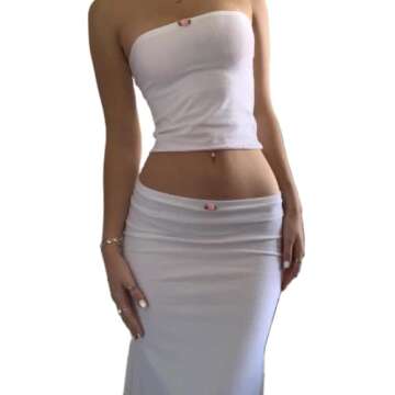 Women Y2K Skirt Set Outfits Strapless Crop Top Bodycon Midi Skirt Dress Sexy 2 Piece Knit Outfits Sk...