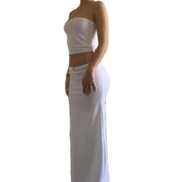 Women Y2K Skirt Set Outfits Strapless Crop Top Bodycon Midi Skirt Dress Sexy 2 Piece Knit Outfits Skirt Summer(J-White,S)