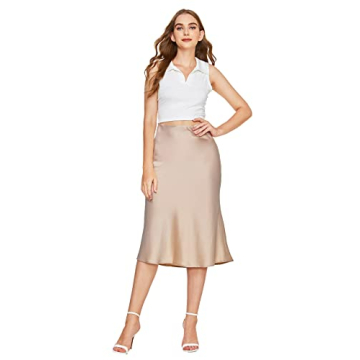 Verdusa High Waist Satin Flared Midi Skirt in Beige