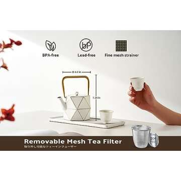 Toptier Cast Iron Teapot, Stovetop Safe Japanese Cast Iron Tea Kettle, Diamond Design Tea Pot with Removable Infuser for Loose Tea, 30 Ounce (900 ml), White