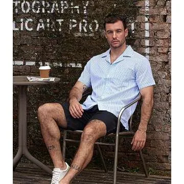 VATPAVE Mens Striped Summer Shirt Casual Button Down Short Sleeve Beach Shirts Cotton Linen Shirts for Men Small Light Blue