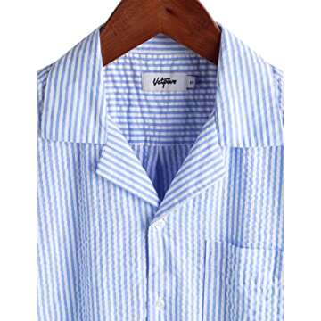 VATPAVE Mens Striped Summer Shirt Casual Button Down Short Sleeve Beach Shirts Cotton Linen Shirts for Men Small Light Blue
