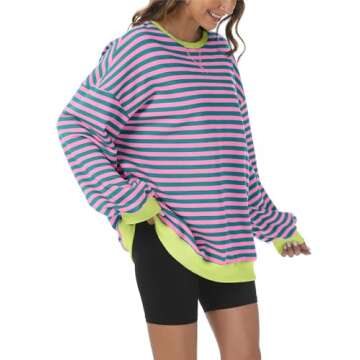 Kissfix Women's Striped Oversized Sweatshirt Long Sleeve Shirts for Women Crewneck Hoodies Casual Pullover Top Y2K Tops PinkGreen L