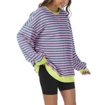 Kissfix Women's Striped Oversized Sweatshirt Long Sleeve Shirts for Women Crewneck Hoodies Casual Pullover Top Y2K Tops PinkGreen L