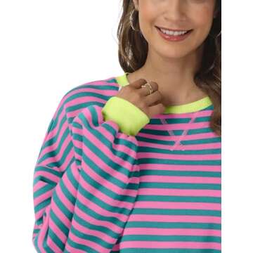 Kissfix Women's Striped Oversized Sweatshirt Long Sleeve Shirts for Women Crewneck Hoodies Casual Pullover Top Y2K Tops PinkGreen L