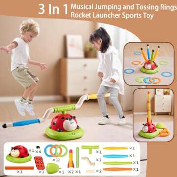 Powza 3 in 1 Musical Jump, Toss Ring Game Toy and Stomping Launch Rocket Launcher for Kids Outdoor T...