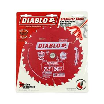 Diablo Framing Saw Blade for Wood - 7-1/4" Diameter, 24 ATB Teeth, 5/8" Arbor, .059" Kerf, 15° Hook Angle, .040" Plate, 8000 Max RPM - D0724X
