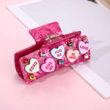 BVGA Valentines Hair Claw Clip for Women Large Square Hot Pink Embellished Crystal Candy Heart Acetate Claw Hair Clips Valentines Day Hair Accessories Gfits for Her