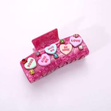 BVGA Valentines Hair Claw Clip for Women Large Square Hot Pink Embellished Crystal Candy Heart Acetate Claw Hair Clips Valentines Day Hair Accessories Gfits for Her