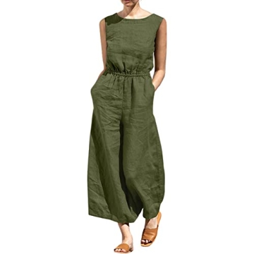 bothandy Women Summer Casual Sleeveless Loose Wide Legs Pants Elastic Waist Jumpsuits with Pocket (A...