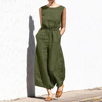 bothandy Women Summer Casual Sleeveless Loose Wide Legs Pants Elastic Waist Jumpsuits with Pocket (Army Green A, Large)