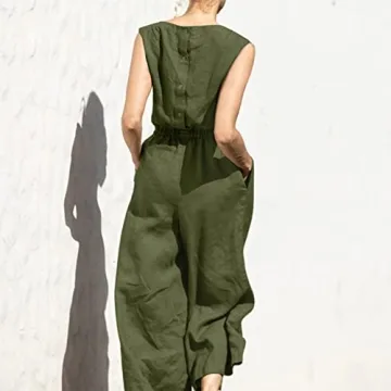 bothandy Women Summer Casual Sleeveless Loose Wide Legs Pants Elastic Waist Jumpsuits with Pocket (Army Green A, Large)