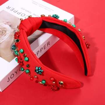 Christmas Headband for Women Holiday Christmas Accessories Beaded Xmas Bow Tree Snowflake HOHOHO Knotted Headband Red Green Crystal Pearl Top Knot Headband Festive Holiday Gifts (Xmas Bow 1)