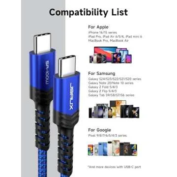 JSAUX 3-Pack USB C to USB C Cable 100W [10ft/6.6ft/3.3ft] Compatible with iPhone 16e 16 15 Pro Max Plus, Samsung Galaxy S25 S24, CarPlay, iPad Pro, Type C to Type C Charger Cable Fast Charging -Blue